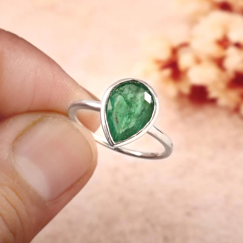 Natural Zambian Emerald Ring, 2.20 Ct Pear Cut, 925 Sterling Silver Bezel (GCC Certified)