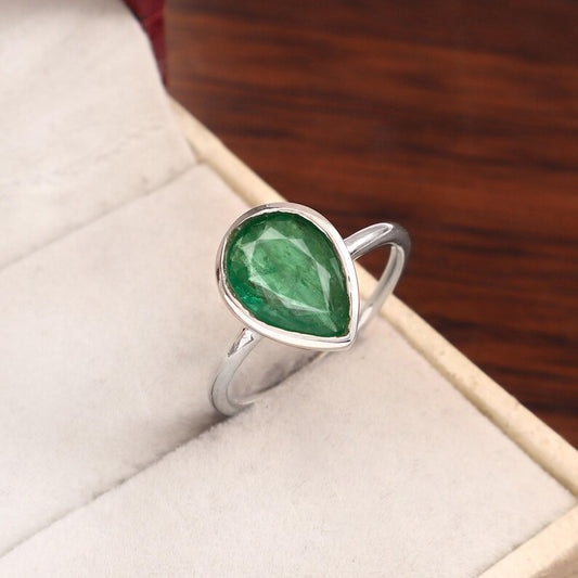 Natural Zambian Emerald Ring, 2.20 Ct Pear Cut, 925 Sterling Silver Bezel (GCC Certified)