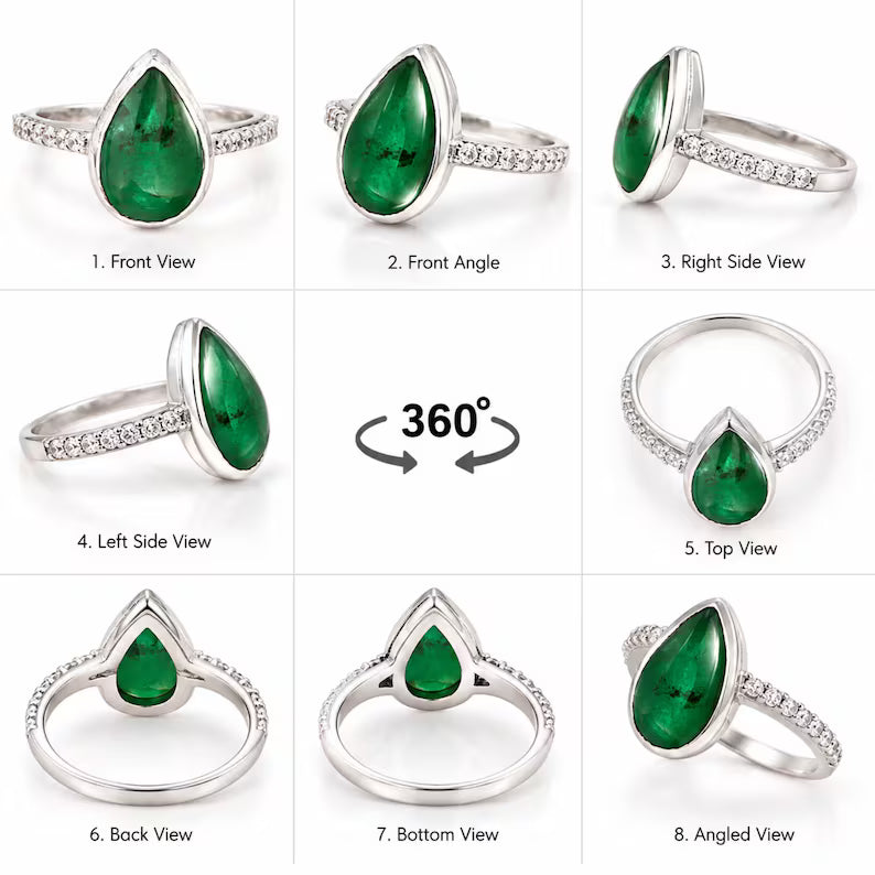 Natural Zambian Emerald Ring, 5.5 CT Pear Cabochon, 3.906 GMS Silver Tone Statement Jewelry