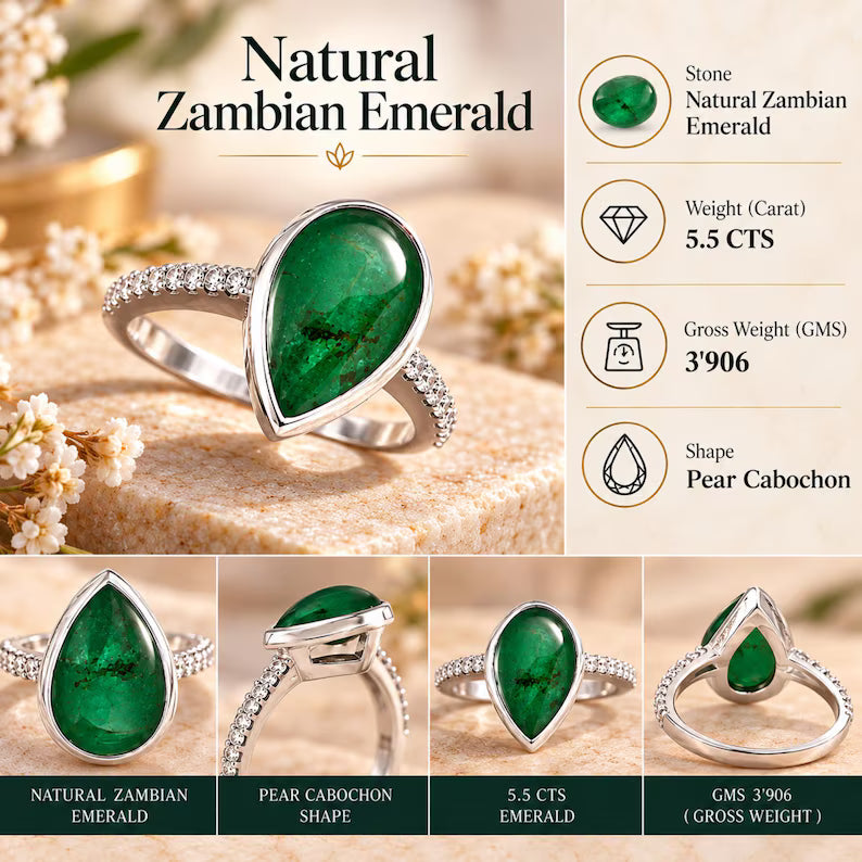 Natural Zambian Emerald Ring, 5.5 CT Pear Cabochon, 3.906 GMS Silver Tone Statement Jewelry