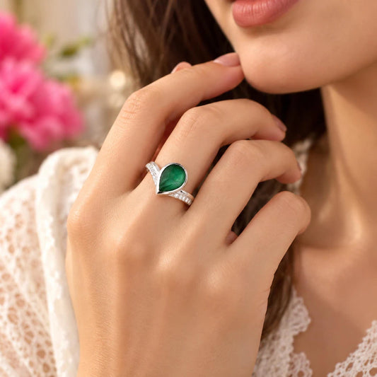 Natural Zambian Emerald Ring, 6.5 ct Pear Cabochon, Green Gemstone Statement Ring