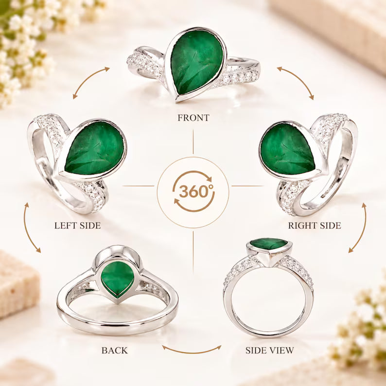 Natural Zambian Emerald Ring, 6.5 ct Pear Cabochon, Green Gemstone Statement Ring