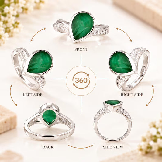 Natural Zambian Emerald Ring, 6.5 ct Pear Cabochon, Green Gemstone Statement Ring