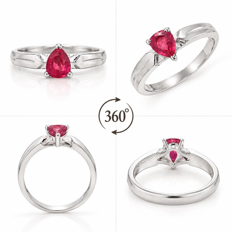 Pear Cut Pinkish Red Ruby Ring, Natural Corundum Gemstone, Silver Tone Setting