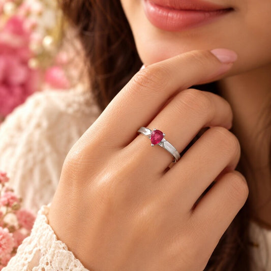 Pear Cut Pinkish Red Ruby Ring, Natural Corundum Gemstone, Silver Tone Setting