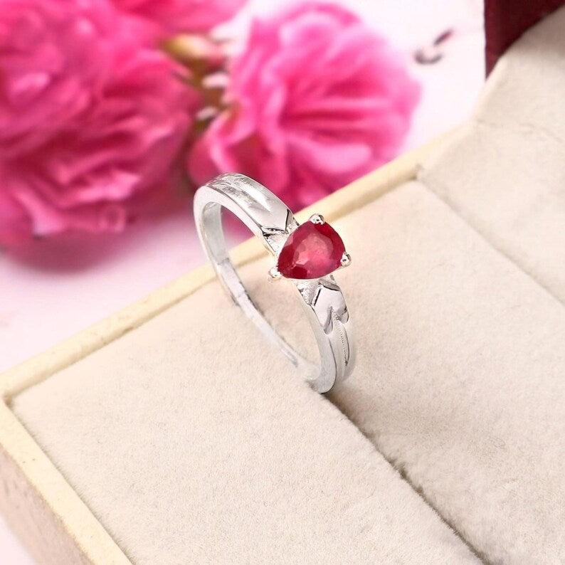 Pear Cut Pinkish Red Ruby Ring, Natural Corundum Gemstone, Silver Tone Setting