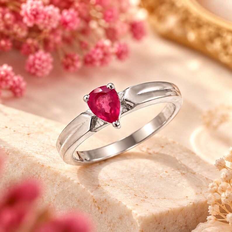 Pear Cut Pinkish Red Ruby Ring, Natural Corundum Gemstone, Silver Tone Setting