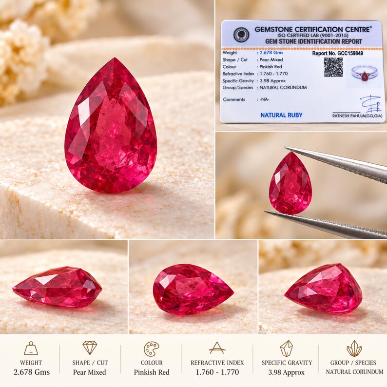 Pear Cut Pinkish Red Ruby Ring, Natural Corundum Gemstone, Silver Tone Setting