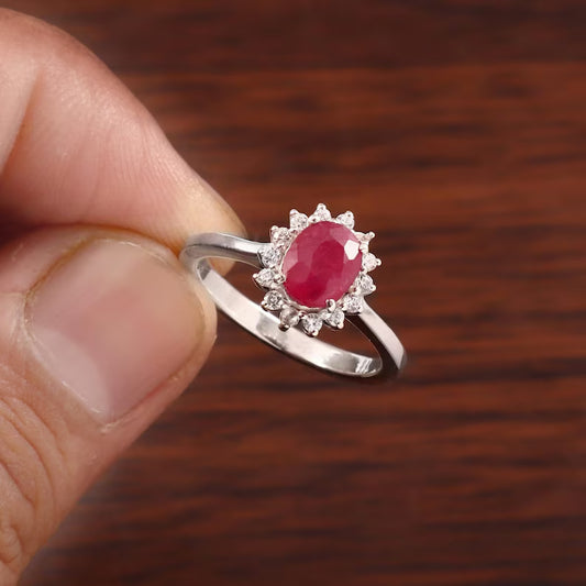 Ruby Ring, Natural Mozambique Oval Gemstone, Halo Setting, July Birthstone Jewelry