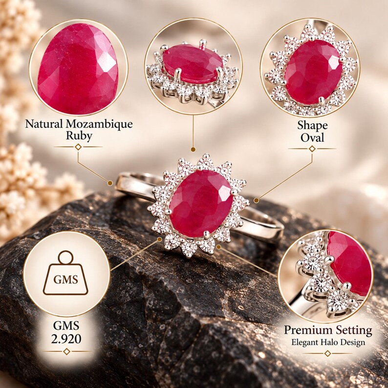 Ruby Ring, Natural Mozambique Oval Gemstone, Halo Setting, July Birthstone Jewelry