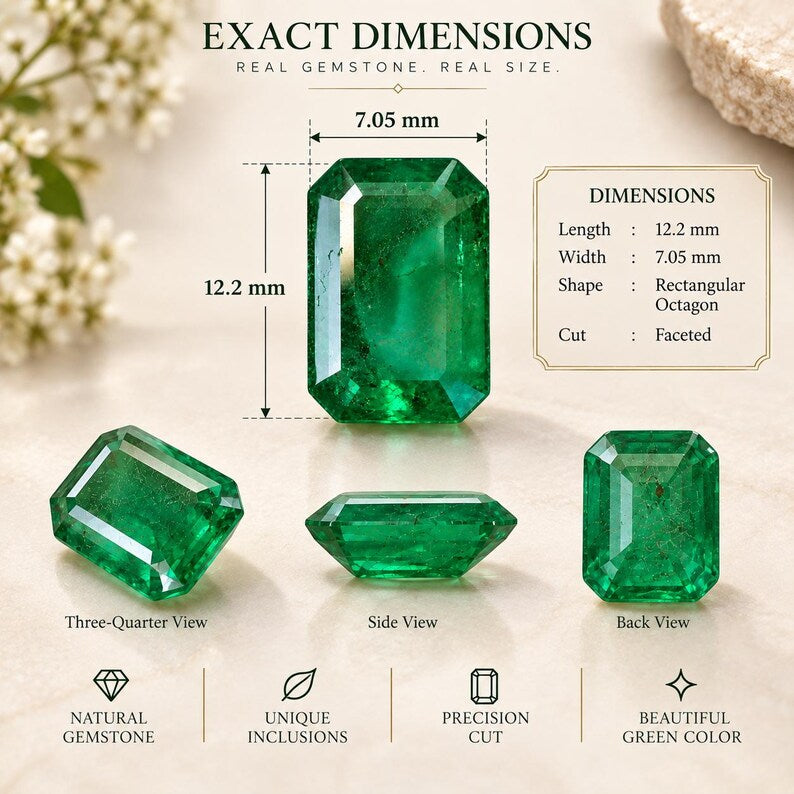 Rectangular Octagon Green Gemstone – Faceted, 12.2 × 7.05 mm (Loose Stone)