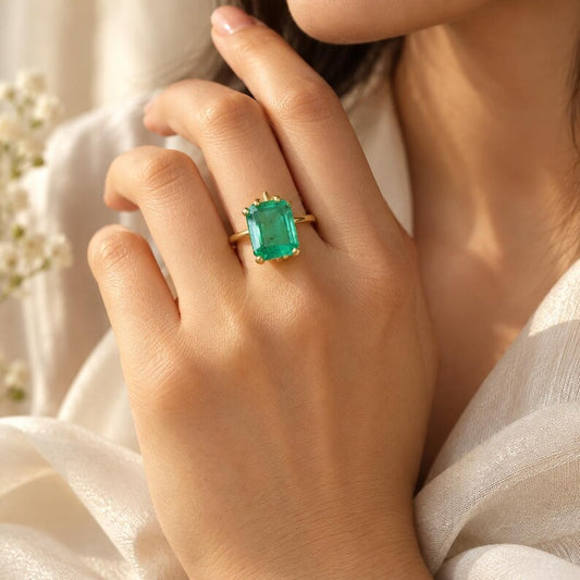 Emerald Cut Green Gemstone Ring, Rectangular Octagon, Gold Tone Setting (7.10 × 7.5 mm)