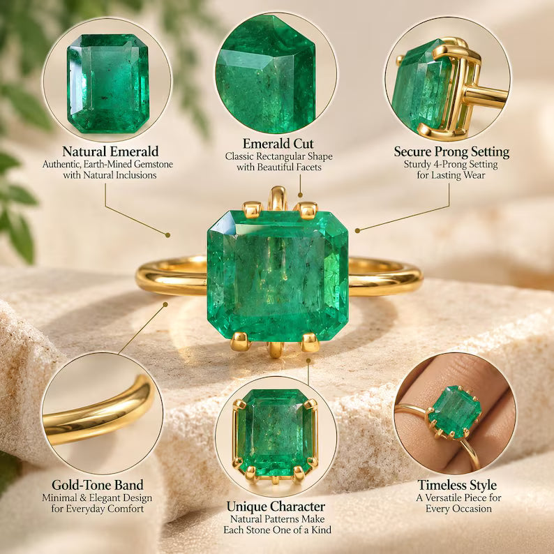 Emerald Cut Green Gemstone Ring, Rectangular Octagon, Gold Tone Setting (7.10 × 7.5 mm)