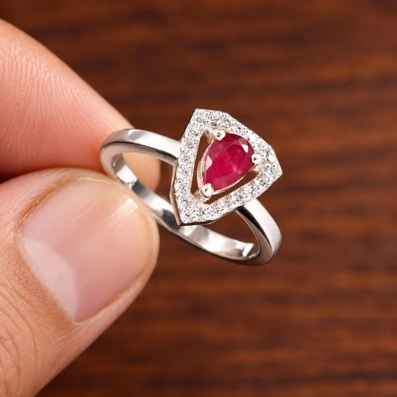 Natural Mozambique Pear Cut Red Gemstone, Halo Ring, Teardrop Engagement Ring, Promise Ring for Her,...
