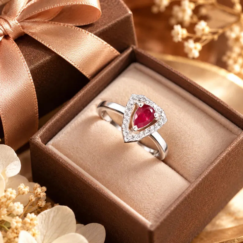 Natural Mozambique Pear Cut Red Gemstone, Halo Ring, Teardrop Engagement Ring, Promise Ring for Her,...