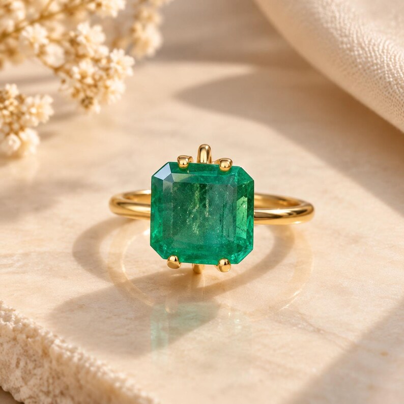 Emerald Cut Green Gemstone Ring, Rectangular Octagon, Gold Tone Setting (7.10 × 7.5 mm)