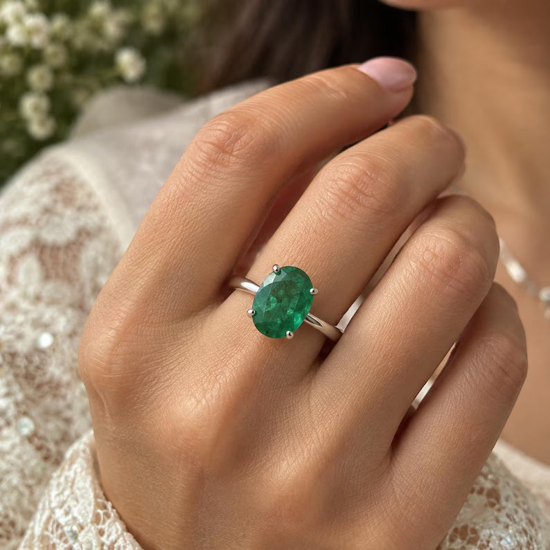 3.50 Ct Natural Zambian Emerald Ring, 925 Sterling Silver, Oval Cut, GCC Certified