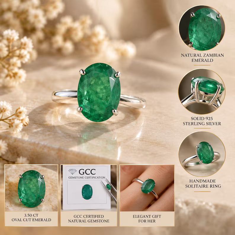 3.50 Ct Natural Zambian Emerald Ring, 925 Sterling Silver, Oval Cut, GCC Certified
