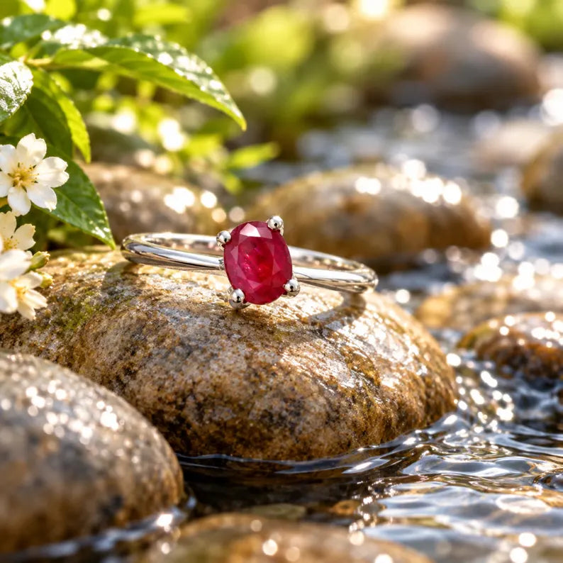 Oval Ruby Ring, 0.97 CT Ruby Solitaire Ring, Ruby Engagement Ring, July Birthstone Ring, Anniversary Gift for Her, Promise Ring