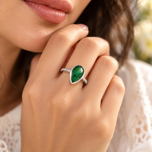 Natural Zambian Emerald Ring, 5.5 CT Pear Cabochon, 3.906 GMS Silver Tone Statement Jewelry