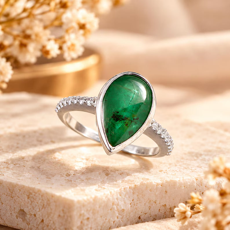 Natural Zambian Emerald Ring, 5.5 CT Pear Cabochon, 3.906 GMS Silver Tone Statement Jewelry
