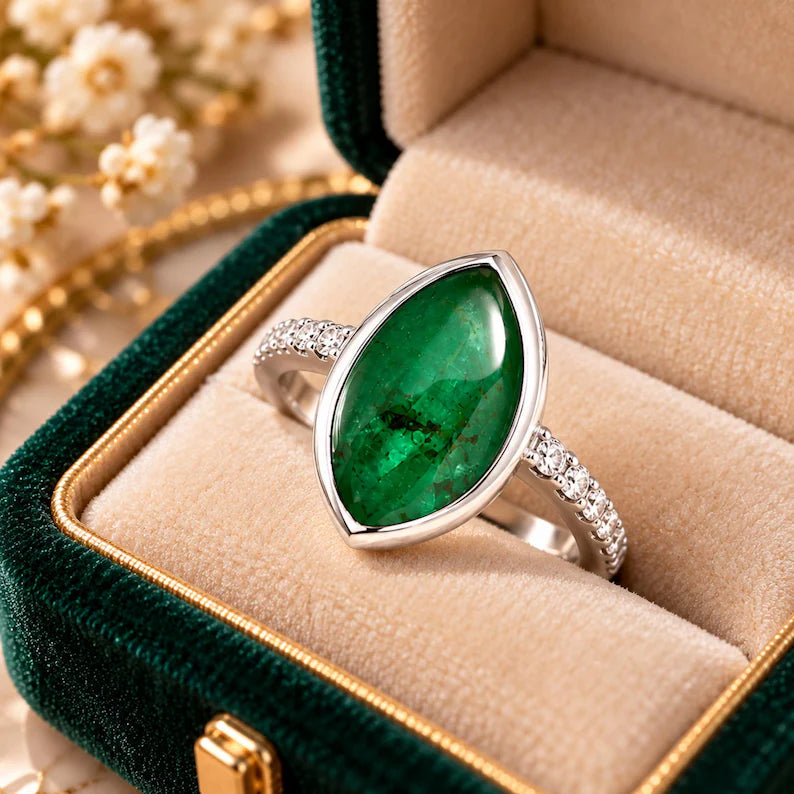 Natural Zambian Emerald Ring, 5.5 CT Pear Cabochon, 3.906 GMS Silver Tone Statement Jewelry