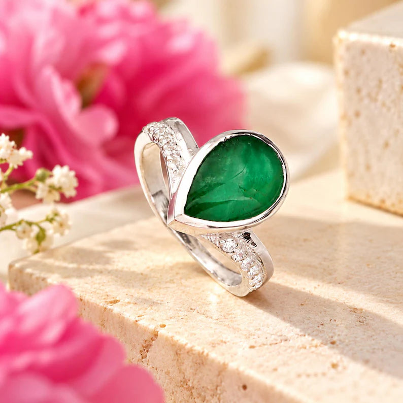 Natural Zambian Emerald Ring, 6.5 ct Pear Cabochon, Green Gemstone Statement Ring