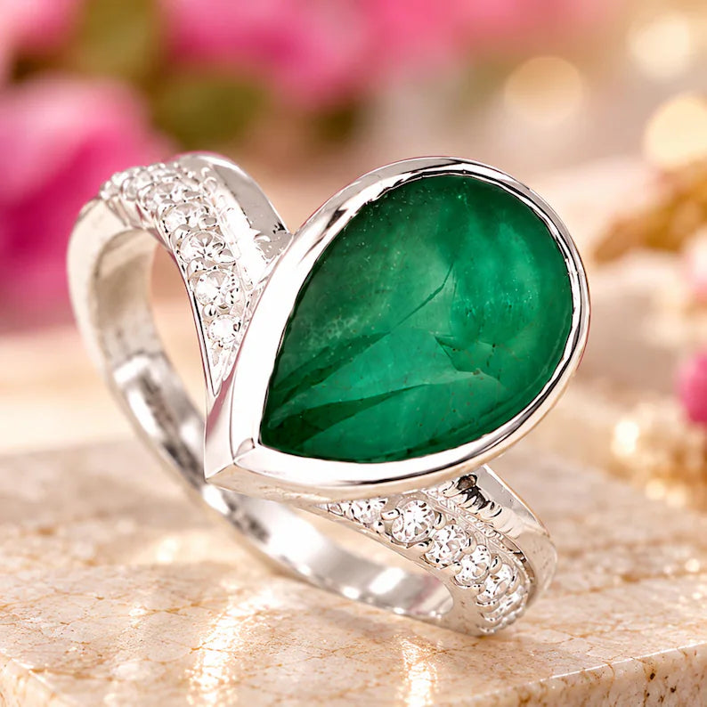 Natural Zambian Emerald Ring, 6.5 ct Pear Cabochon, Green Gemstone Statement Ring