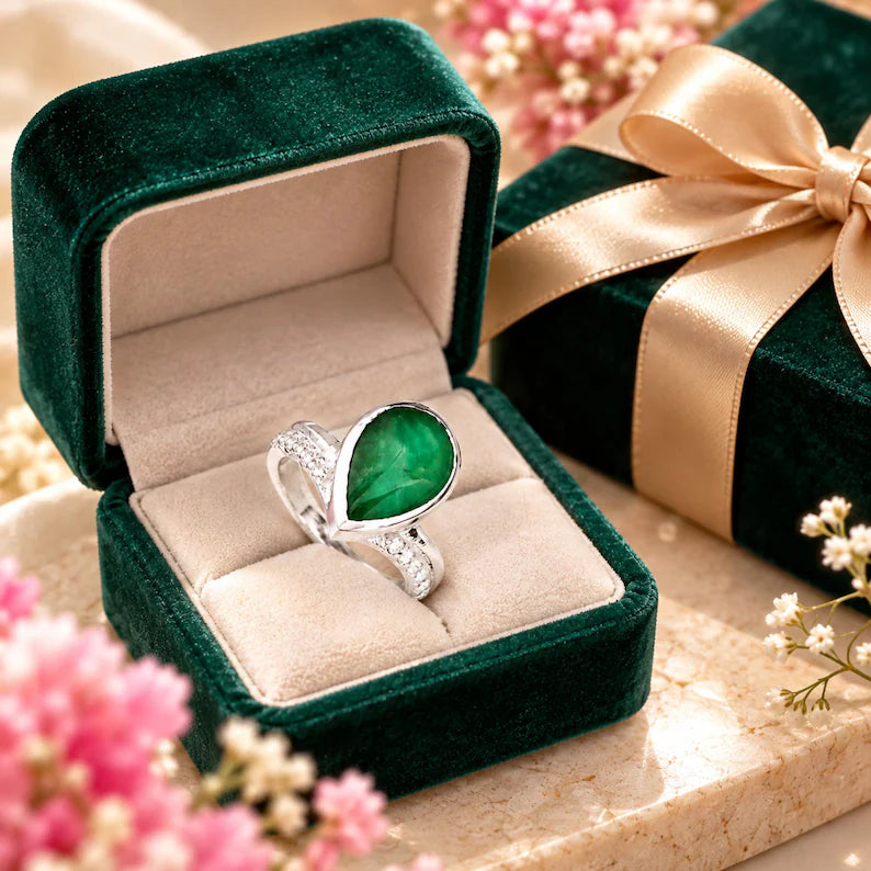 Natural Zambian Emerald Ring, 6.5 ct Pear Cabochon, Green Gemstone Statement Ring