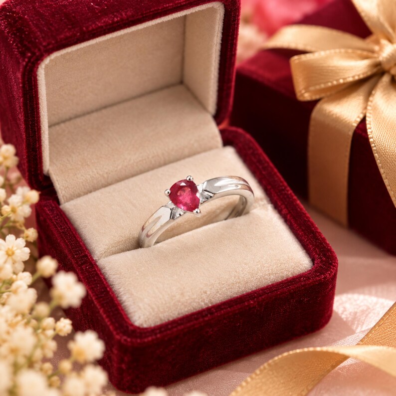 Pear Cut Pinkish Red Ruby Ring, Natural Corundum Gemstone, Silver Tone Setting
