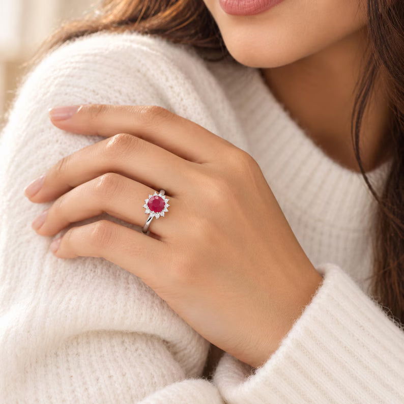 Ruby Ring, Natural Mozambique Oval Gemstone, Halo Setting, July Birthstone Jewelry