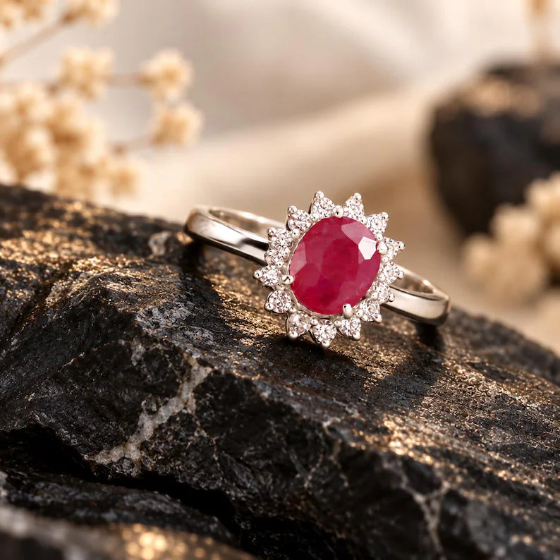 Ruby Ring, Natural Mozambique Oval Gemstone, Halo Setting, July Birthstone Jewelry
