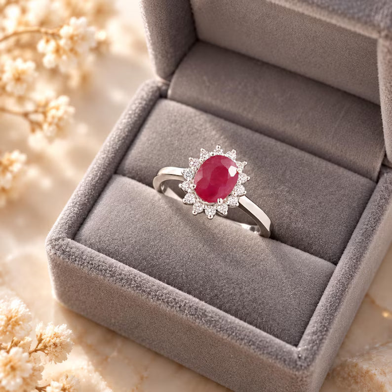 Ruby Ring, Natural Mozambique Oval Gemstone, Halo Setting, July Birthstone Jewelry