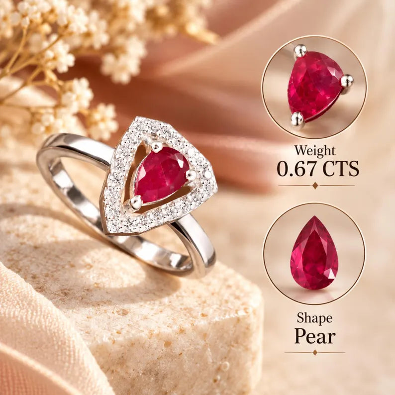 Natural Mozambique Pear Cut Red Gemstone, Halo Ring, Teardrop Engagement Ring, Promise Ring for Her,...