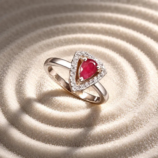 Natural Mozambique Pear Cut Red Gemstone, Halo Ring, Teardrop Engagement Ring, Promise Ring for Her,...