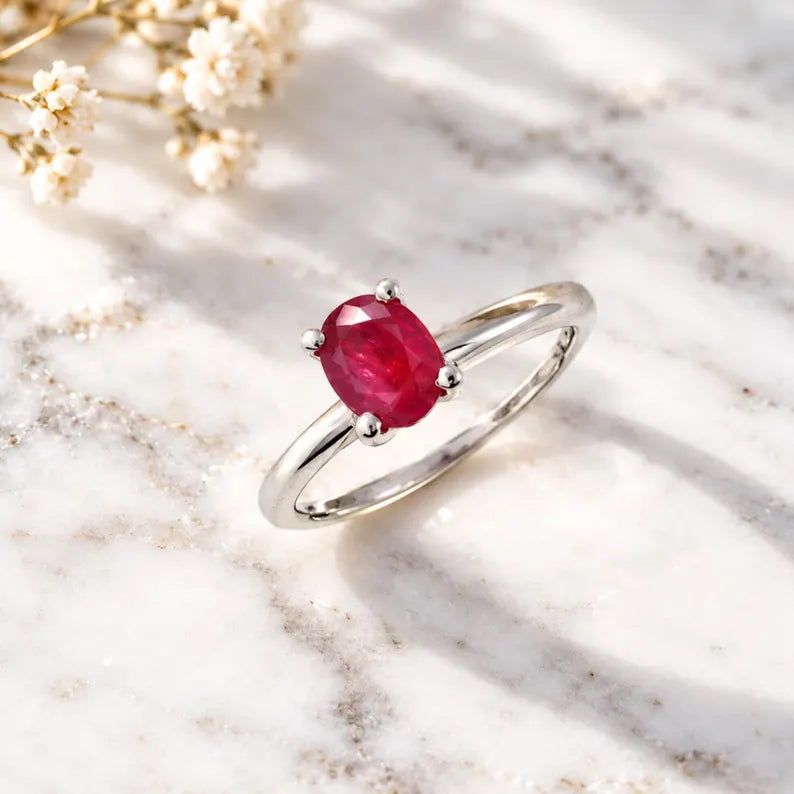 Oval Ruby Ring, 0.97 CT Ruby Solitaire Ring, Ruby Engagement Ring, July Birthstone Ring, Anniversary Gift for Her, Promise Ring